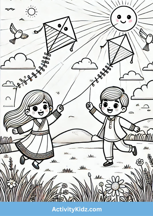 Kite Festival Bliss - Makar Sankranti Coloring Worksheet