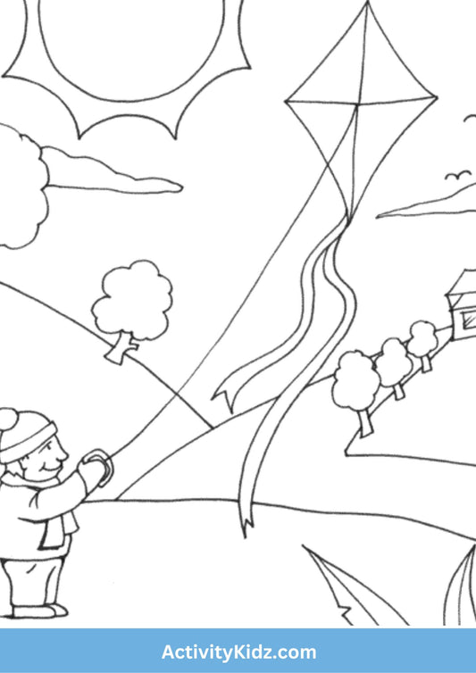 Kite Flying Fun - Makar Sankranti Coloring Worksheet