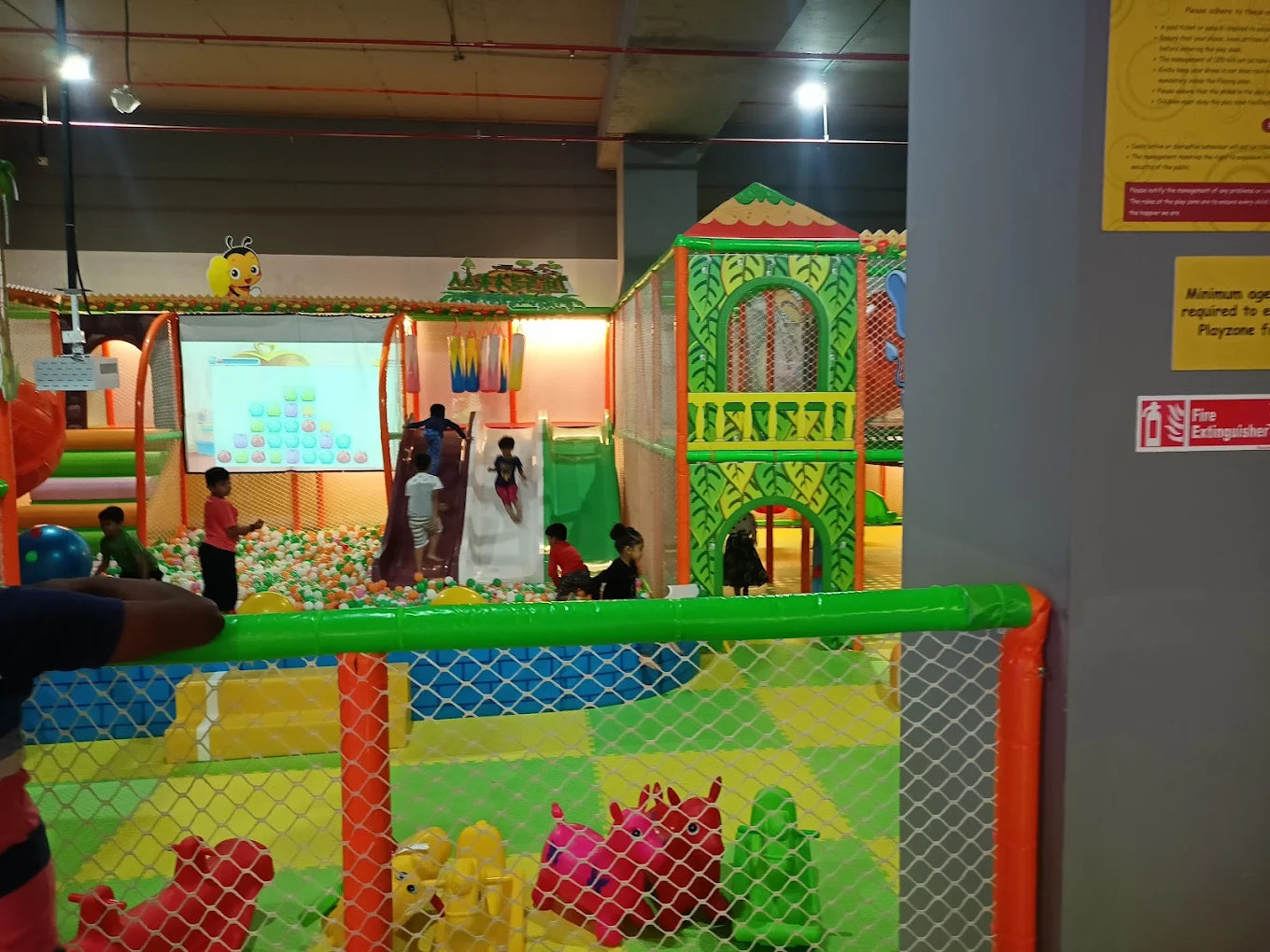 Children play in a colorful indoor playground with slides and a ball pit.