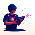 Illustration of a character in a futuristic suit holding a weapon with glowing effects.