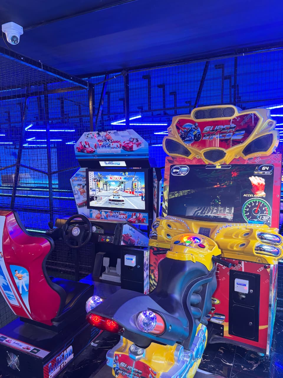 Arcade with racing and motorcycle games.