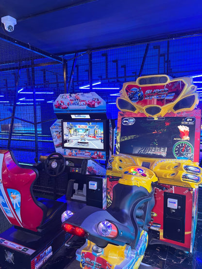 Arcade with racing and motorcycle games.
