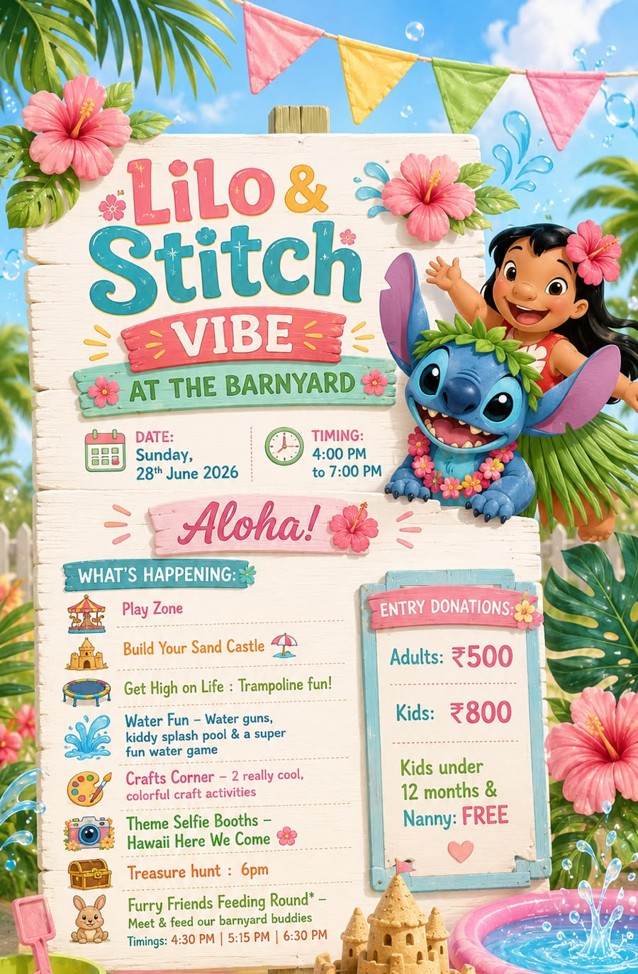 Promotional flyer for 'Lilo & Stitch Vibe at the Barnyard' event with cartoon characters and beach-themed decorations.