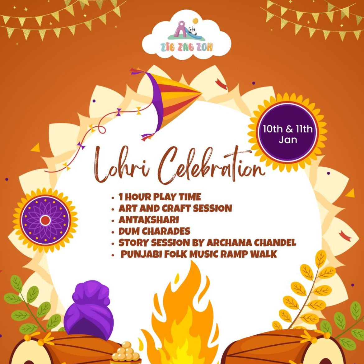 Promotional poster for Lohri Celebration event with traditional elements and festive design.