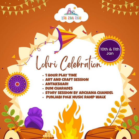 Promotional poster for Lohri Celebration event with traditional elements and festive design.