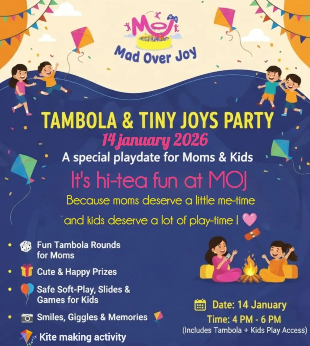 Promotional flyer for a Tambola & Tiny Joys Party event at Mad Over Joy on 14 January 2026.