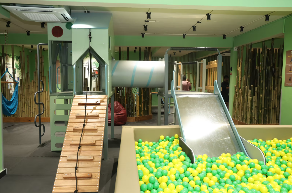 A children's indoor playground with a slide into a ball pit, climbing structure, and bamboo accents.