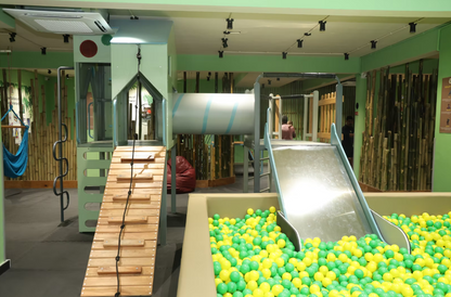 A children's indoor playground with a slide into a ball pit, climbing structure, and bamboo accents.
