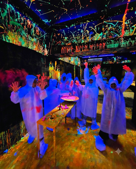 People in protective suits in a neon-splattered room, with some raising their hands.