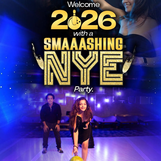 Promotional poster for a New Year's Eve party with text 'Welcome 2026 with a SMAAASHING NYE Party' and people in a bowling alley.