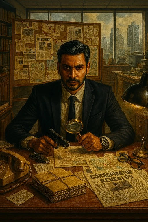 A man in a suit examines a gun and map with a magnifying glass in a cluttered office.