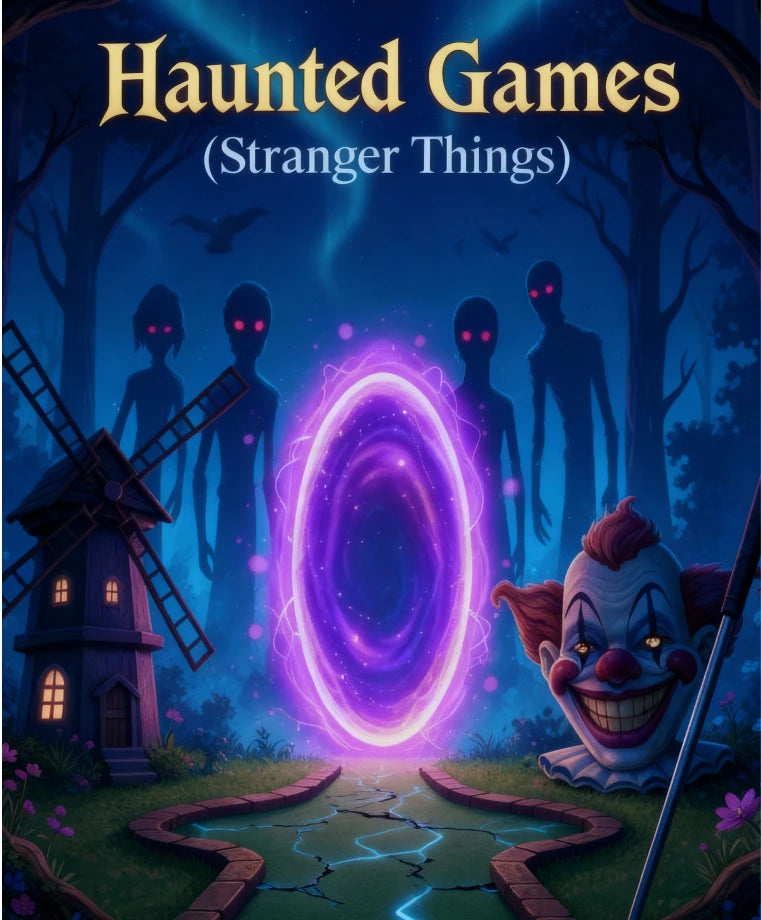 A spooky scene with a glowing portal, shadowy figures, a creepy clown, and a windmill.