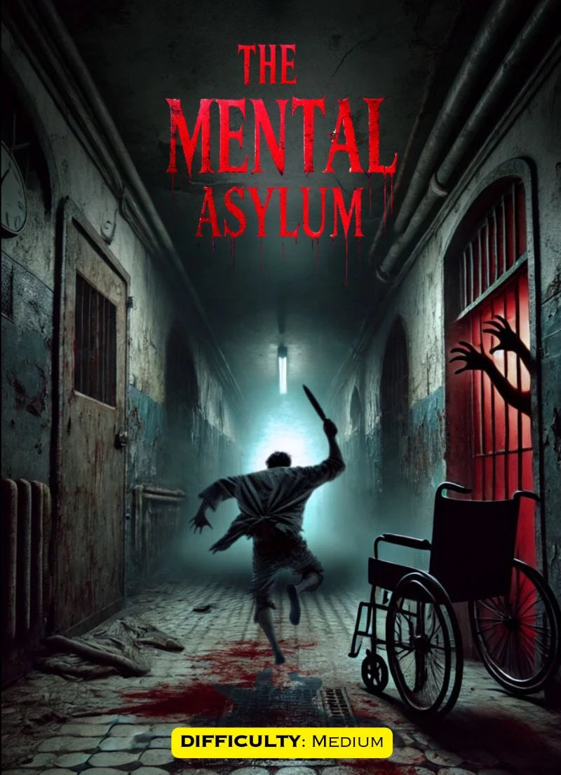 A person with a knife runs down a bloody asylum hallway, with shadowy hands reaching from a cell.