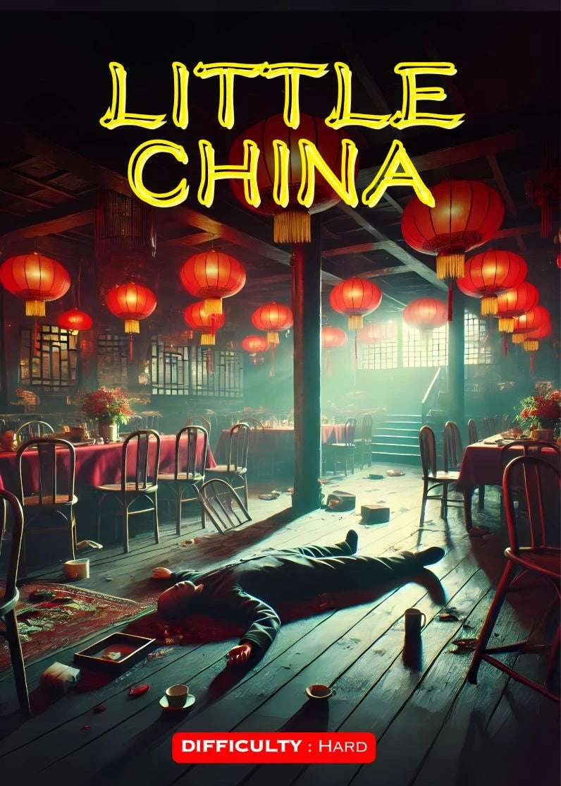 A man lies on the floor of a dimly lit Chinese restaurant, surrounded by red lanterns and overturned chairs.