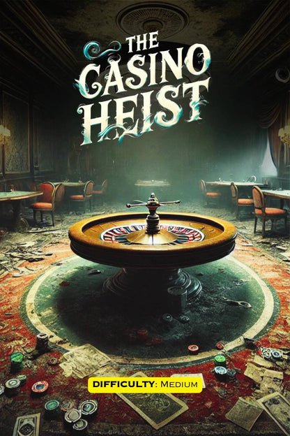 A roulette wheel sits on a casino floor, with scattered cards and chips. The title "The Casino Heist" is displayed above.