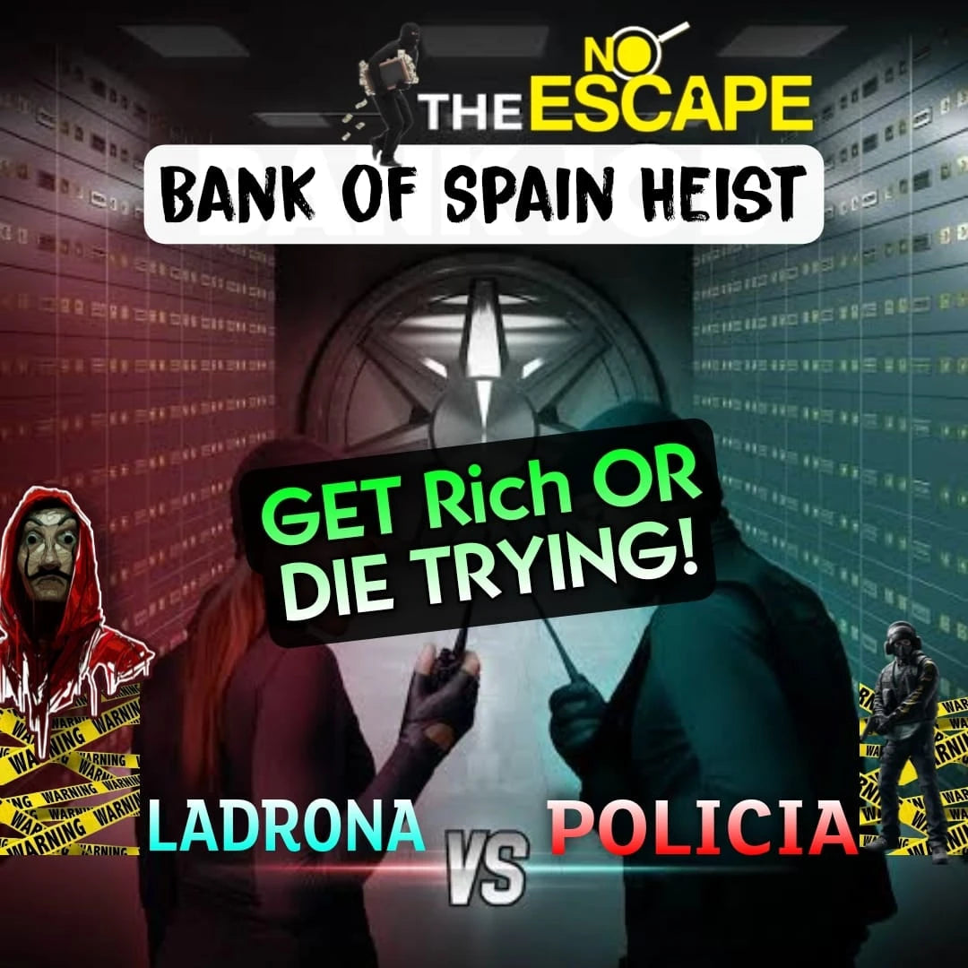 A heist scene with masked figures and police, featuring text about the "Bank of Spain Heist."