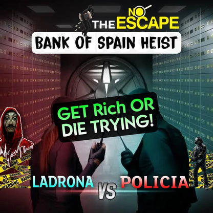 A heist scene with masked figures and police, featuring text about the "Bank of Spain Heist."