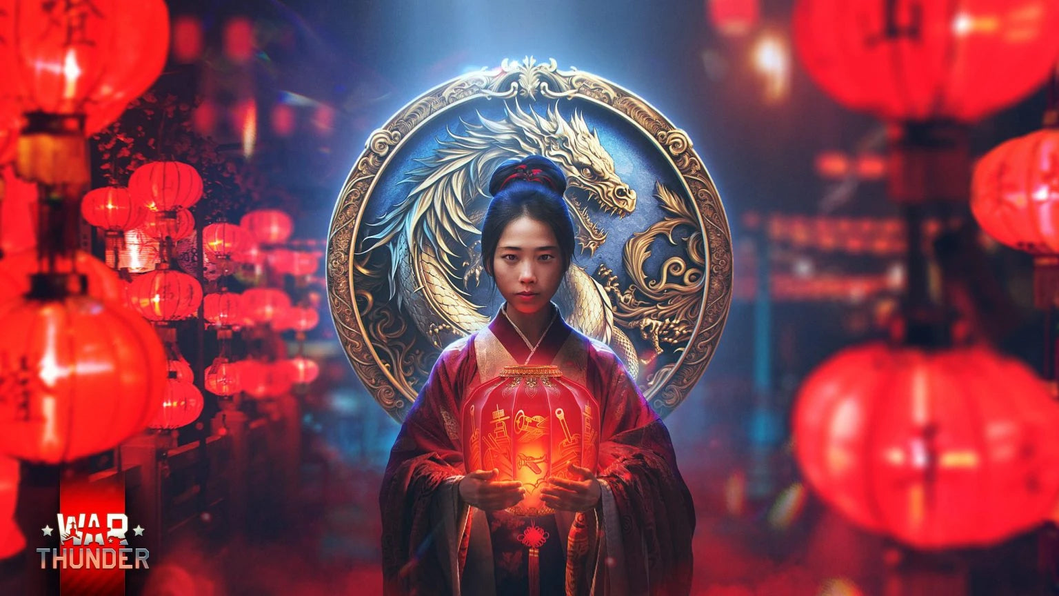 A young woman in traditional attire holds a glowing lantern in front of a dragon emblem, surrounded by red lanterns.