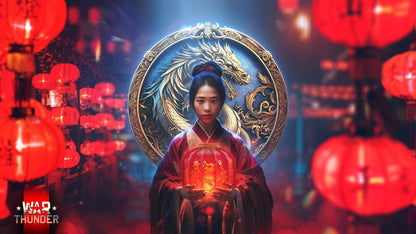 A young woman in traditional attire holds a glowing lantern in front of a dragon emblem, surrounded by red lanterns.