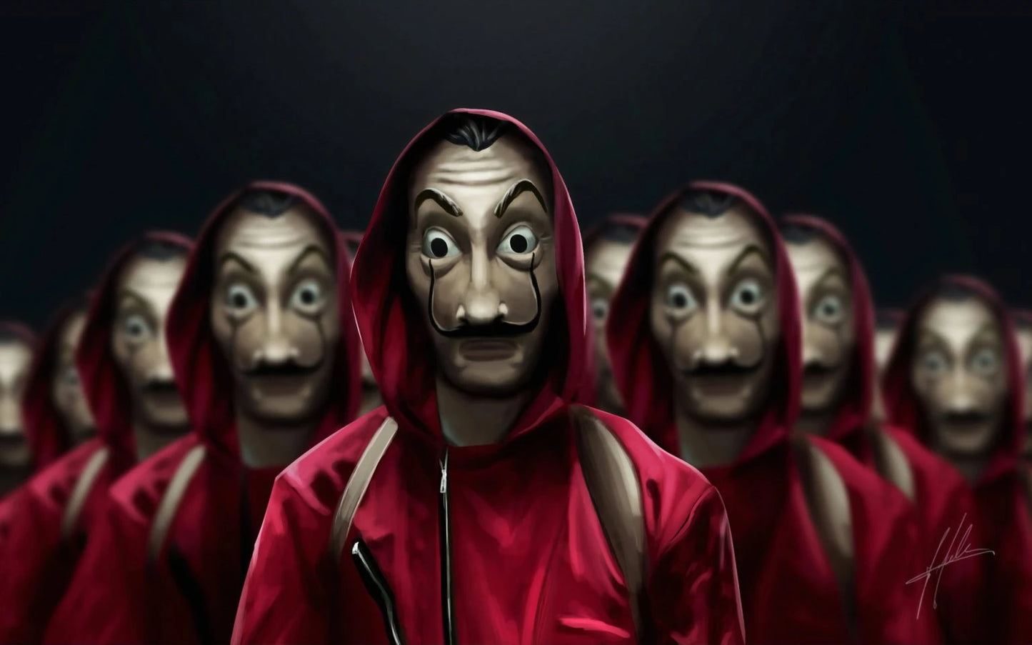 A group of people wearing red hoodies and Salvador Dalí masks stand in formation.