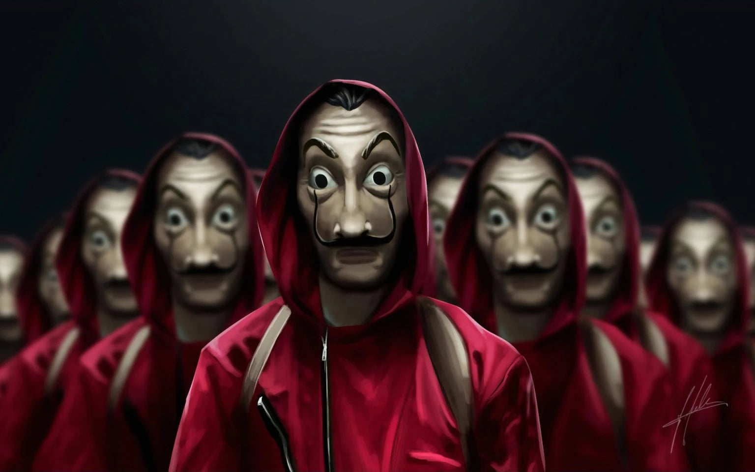 A group of people wearing red hoodies and Salvador Dalí masks stand in formation.