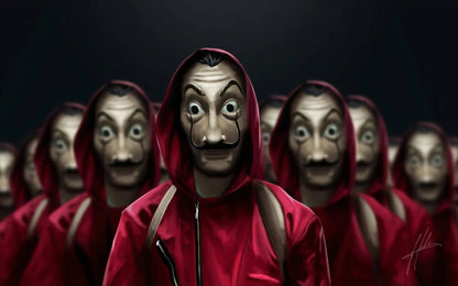 A group of people wearing red hoodies and Salvador Dalí masks stand in formation.