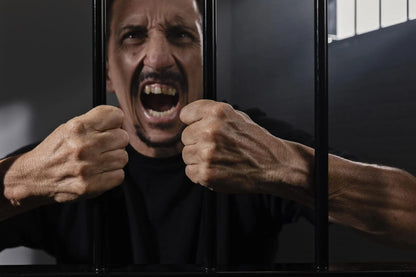 A man in a dark shirt screams in frustration while gripping prison bars.