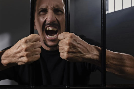 A man in a dark shirt screams in frustration while gripping prison bars.