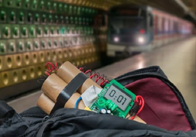A backpack with a bomb and timer sits on a train platform.