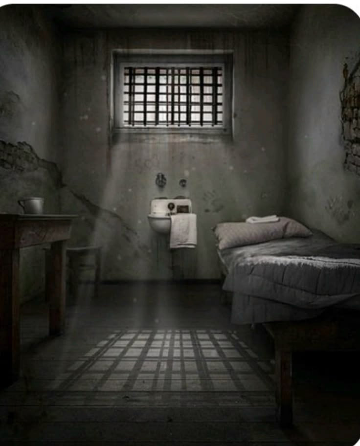 Dimly lit prison cell with barred window casting shadows over bed and worn walls in Rajinder Nagar escape room