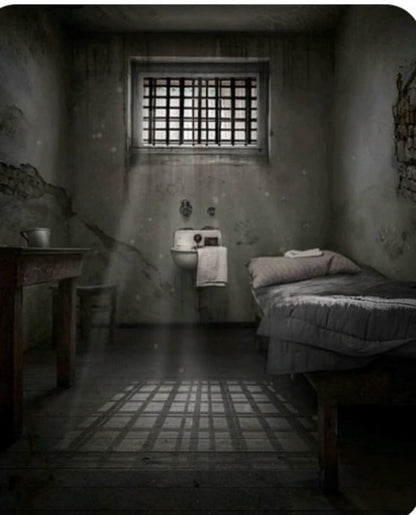 Dimly lit prison cell with barred window casting shadows over bed and worn walls in Rajinder Nagar escape room