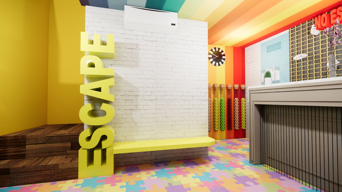 A colorful escape room with large "ESCAPE" letters and puzzle flooring.