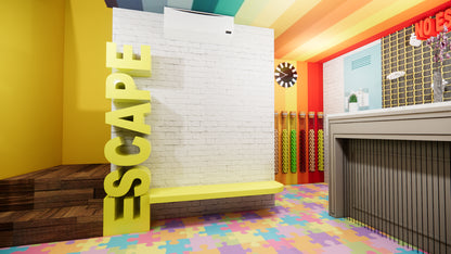 A colorful escape room with large "ESCAPE" letters and puzzle flooring.