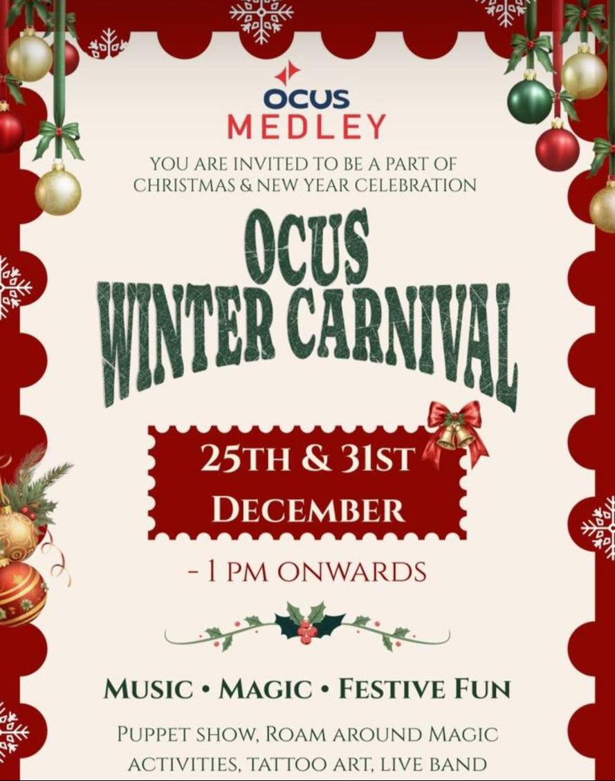 Promotional poster for Ocus Winter Carnival with festive decorations and event details.