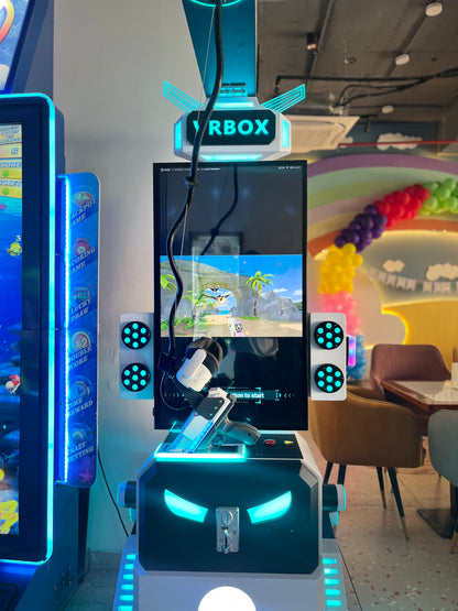 A VR arcade game machine with a gun controller and a screen displaying a game.