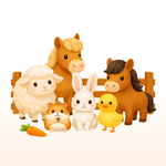 Illustration of farm animals including a horse, sheep, rabbit, duck, and hamster with a carrot on a white background.
