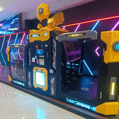A futuristic arcade game with yellow and black accents and neon lights.