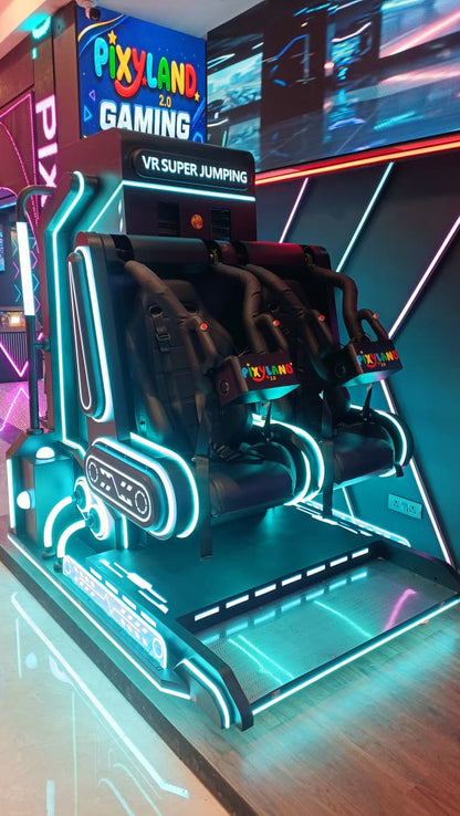 A VR gaming ride with two seats and neon lights.