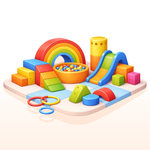 Colorful children's play set with slides, rings, and a ball pit on a white background