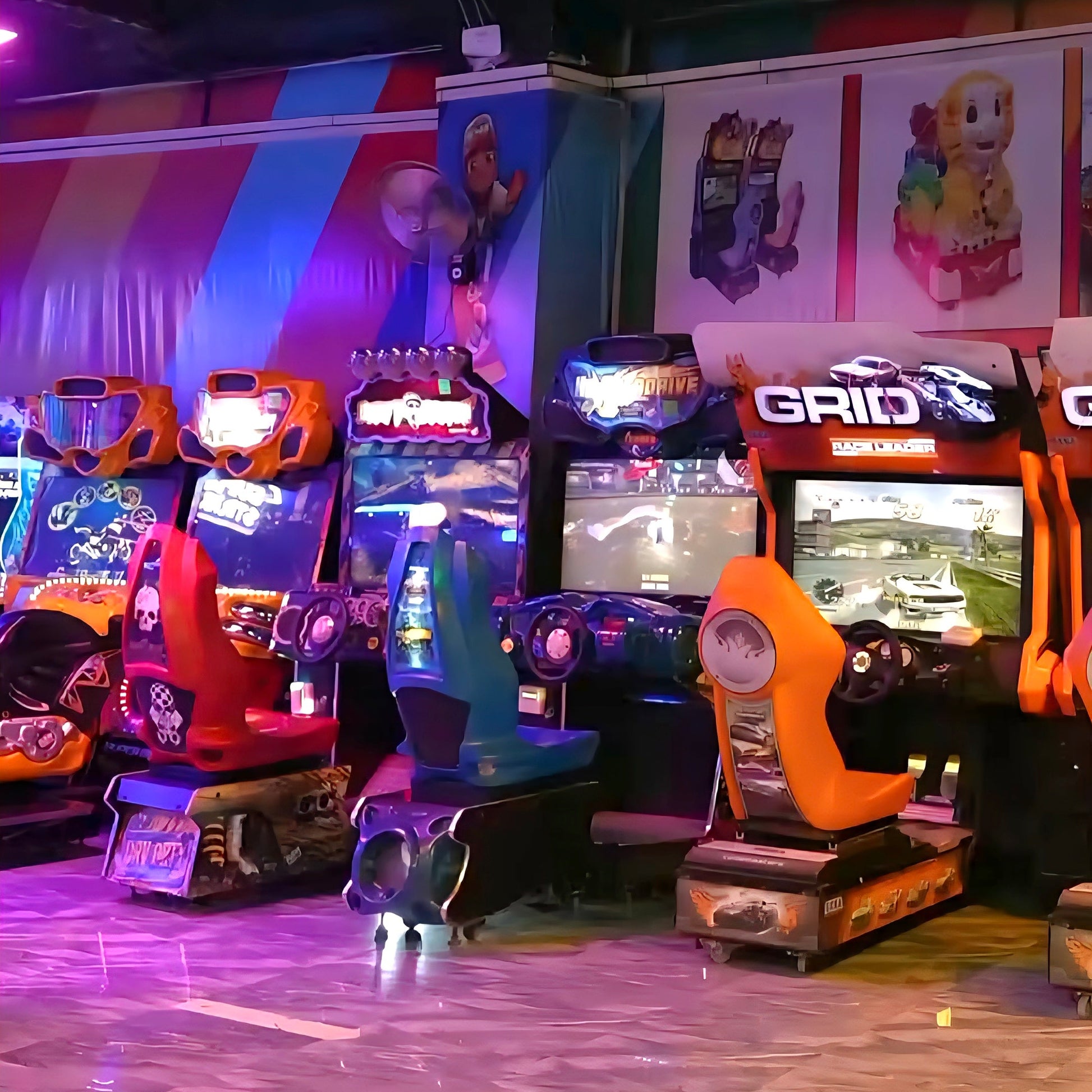 Arcade racing games with colorful lights and graphics.