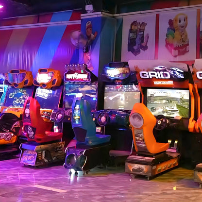 Arcade racing games with colorful lights and graphics.