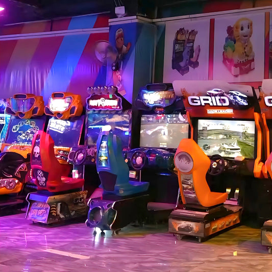 Arcade racing games with colorful lights and graphics.
