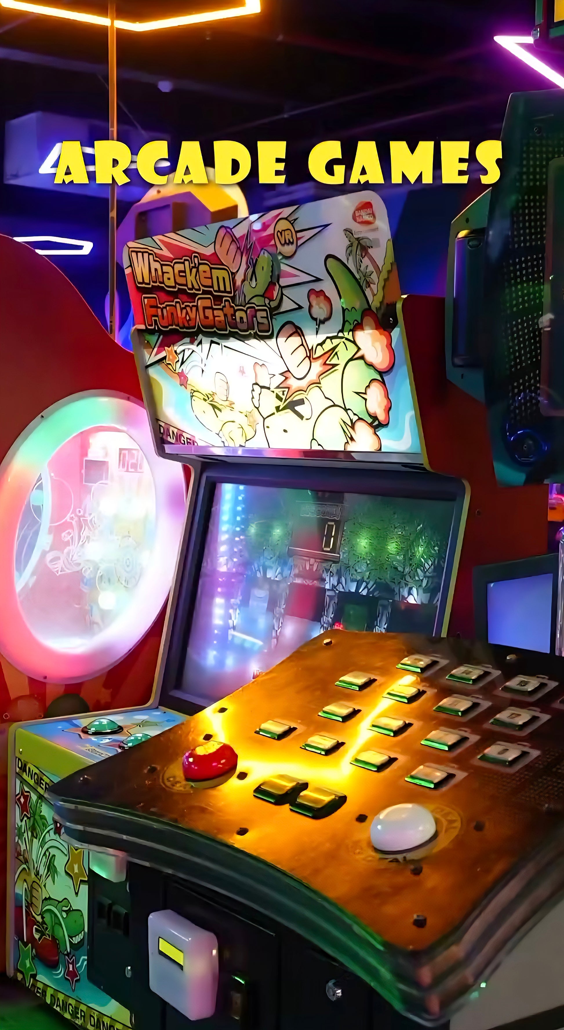 Arcade games with bright lights and colorful graphics, featuring a "Whackem Funky Gators" machine.