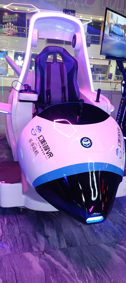 A VR racing simulator with a seat and controls, set in an arcade.