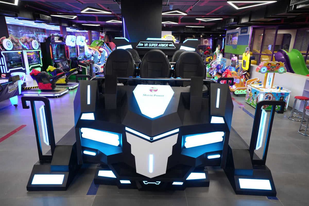 A futuristic VR ride with multiple seats in an arcade, surrounded by other game machines.