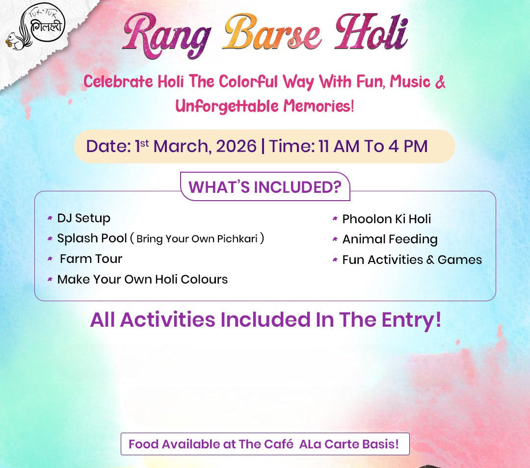 Promotional flyer for Rang Barse Holi event with colorful design and text.