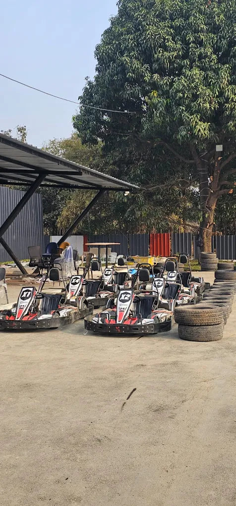 Go-karts lined up on a dirt track with a covered seating area and trees in the background.