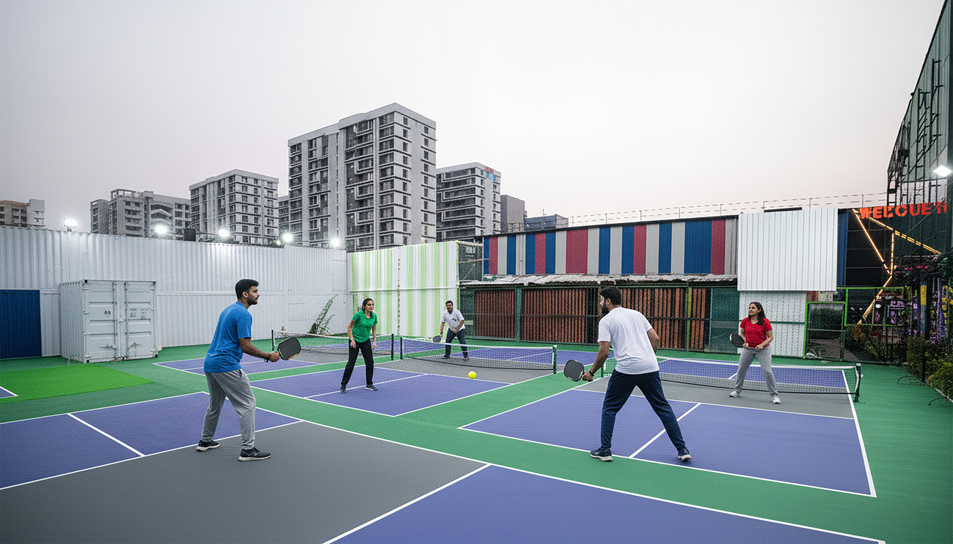 Adults play pickleball on an outdoor court with buildings in the background.