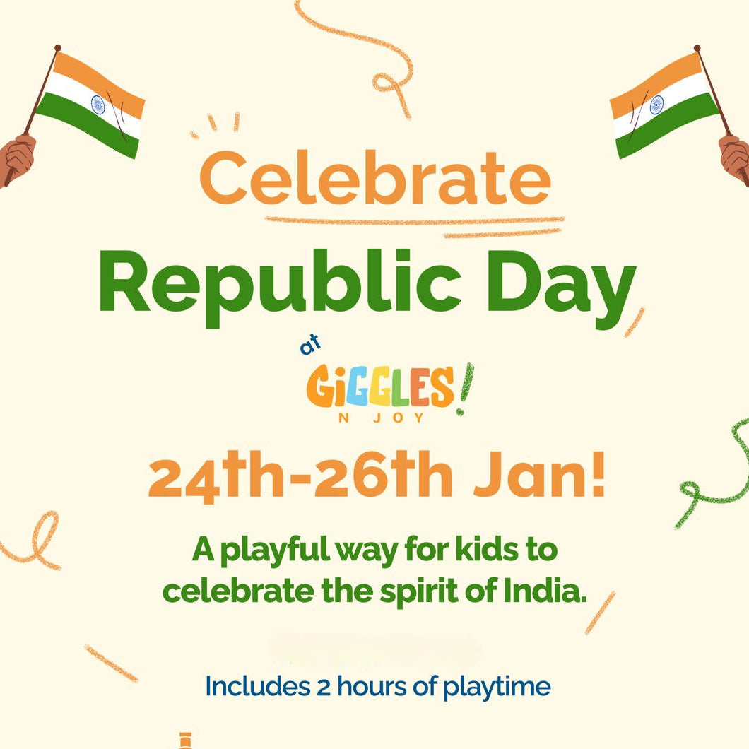 Promotional flyer for Republic Day celebrations with Indian flags, landmarks, and text.
