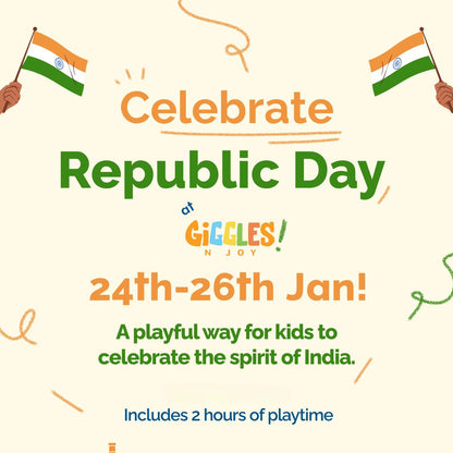 Promotional flyer for Republic Day celebrations with Indian flags, landmarks, and text.